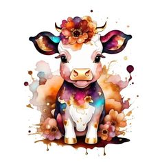 a cow with flowers on its head sitting in front of some paint splatters