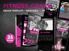 the fitness coach book template is shown in pink and black