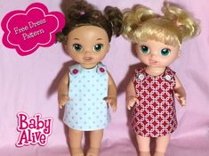 two dolls standing next to each other in front of a pink background with the words diy dress on it