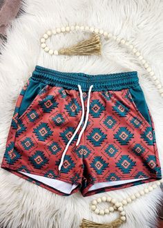 Brown Rust & Green Aztec Drawstring Shorts TCC Shorts The Cinchy Cowgirl (YC) XS Western Nice Outfits, Western Outfits Leah Fish, Western Athletic Outfits, Western Shorts, Western Summer Outfits, Western Things, Cowgirl Clothing, Country Fits, Aztec Shorts