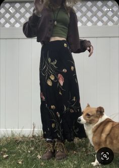 Skirt Outfits Summer Long, Long Skirt Outfits Whimsigoth, Styling Long Floral Skirt, Long Flowered Skirt Outfit, Vintage Outfits Cardigan, Wollen Skirt Outfits, Long Dress Doc Martens Outfits, Long Skirt And Docs Outfit, Indie Maxi Skirt Outfit