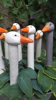 three white and orange ducks sitting on top of green leaves in a potted plant