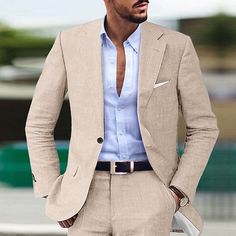 Category:Linen Suits; Embellishment:Pocket; Season:Spring,Summer; Fabric:Linen Blended; Front Closure:Single-Breasted Buttons; Includes:Pants,Jacket; Occasion:Wedding,Linen; Fit Type:Tailored Fit; Jacket Buttons:Single Breasted One-button; Jacket Vents:Double (Side); Jacket Pockets:Straight Flapped; Pattern:Solid Colored; Neckline:Notch; Listing Date:06/06/2023; Production mode:External procurement; Pant Length:; Pants Waist:; Shoulder Width:; Sleeve Length:; Bust:; Hips:; Clothing Length:; Numb Summer Suit With Suit Collar And Pockets, Slim Fit Long Sleeve Suit With Single Button, Fitted Suits With Pockets For Summer, Semi-formal Summer Suit With Lapel Collar, Fitted Summer Suits With Pockets, Fitted Summer Blazer With Button Closure, Summer Single-breasted Sets With Notch Lapel, Summer Suit With Single Button And Notch Lapel, Formal Summer Suits