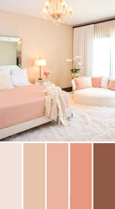 a bedroom with pink and white colors in the color scheme, including bed linens