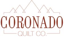 the words coronado quilt co are in red and brown letters on a white background