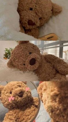 there is a stuffed teddy bear that has been placed on the bed with its head up