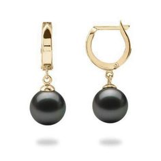 A pair of 14K yellow gold pierced dangeld horseshoe earrings set with two semi-round Tahitian pearls, 9-10mm and blackish in color. Due to their nature, no two pearls are alike. Pearls will vary in color, shape and overtone. Dimples, birthmarks, surface imperfections may be present and speak to their nature making each pearl unique. Luxury Black Pearl Earrings, Classic Tahitian Pearl Jewelry With Matching Earrings, Classic Tahitian Pearl Earrings, Classic Black Tahitian Pearl Earrings, Horseshoe Earrings, Black Pearl Earrings, Black Pearls, Hawaiian Jewelry, Tahitian Black Pearls