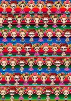 a colorful pattern with many different faces on it