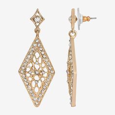 Dazzling crystals drop earrings, carefully arranged in a diamond like shape for an accessory that dazzles and delights.Bead Type: CrystalEarring Back: PostMetal Color: Gold ToneEarring Length: 2 InchEarring Width: 20mmCare: Wipe CleanEarrings Style: Drop EarringsMetal: AlloyCountry of Origin: Imported Dazzling Crystal Earrings With Diamond Accents, Diamond Drop Earrings With Rhinestones, Elegant Gold Diamond-shaped Diamond Earrings, Diamond-shaped Gold Earrings For Wedding, Diamond Cut Earrings For Wedding, Crystal Drop Earrings With Diamond Accents, Wedding Earrings With Diamond Accents And Diamond Shape, Elegant Diamond Shaped Earrings With Diamond Accents, Elegant Diamond-shaped Earrings With Diamond Accents