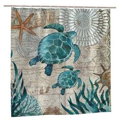 a shower curtain with sea turtles and starfishs on the ocean floor, in front of a white background