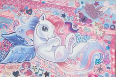 a painting of a pink and blue unicorn