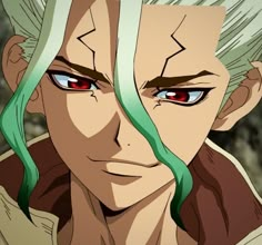 a man with green hair and red eyes looks at the camera while wearing an anime outfit