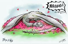 a drawing of a dragon laying on its back in the grass with pink flowers around it