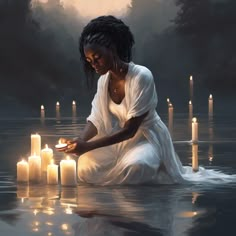 a painting of a woman kneeling in water with lit candles around her and looking down at the ground