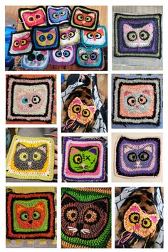 crocheted owl squares are arranged in different colors and sizes, including one with an owl's head