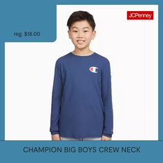 Every boy needs a long-sleeve graphic tee in his wardrobe. This one features a logo sleeve detail so he can showcase his Champion pride. This tee will seamlessly take him from school to practice.Closure Type: Pullover HeadFit: Classic FitNeckline: Crew NeckSleeve Length: Long SleeveFiber Content: 60% Cotton, 40% PolyesterFabric Description: JerseyCare: Machine Wash, Tumble DryCountry of Origin: Imported Sleeve Detail, Big Boys, Long Sleeve T Shirt, Graphic Tee, Shirts Tops, Long Sleeve Tshirt, Graphic Tees, Crew Neck, T Shirts