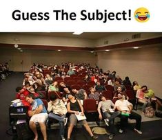 people are sitting in an auditorium with the caption'guess the subject? '