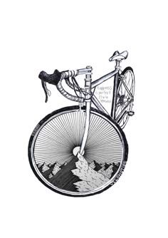 a drawing of a bicycle with mountains and trees on the front wheel, in black and white