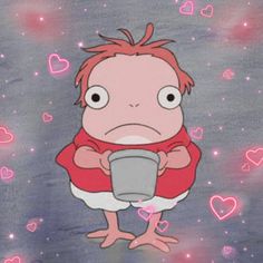 a cartoon character holding a cup in front of hearts on a blue and pink background