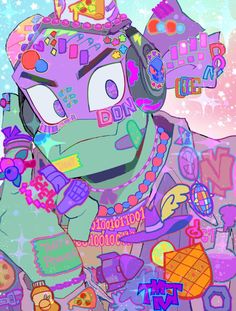 an image of a cartoon character with headphones and various things on his face in the background