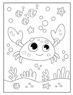 the crab is swimming in the ocean with fish and starfishs around it coloring page