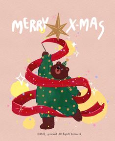 a christmas card with a teddy bear holding a star