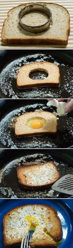 an egg is being fried on top of bread in a skillet, and then frying