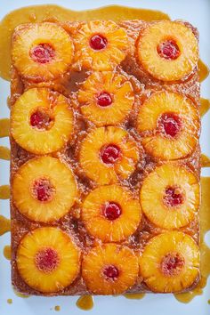 pineapple upside down cake on a white plate