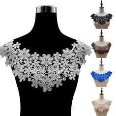 three different styles of lace on a mannequin torso with multiple colors and sizes