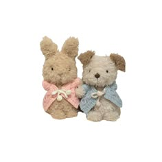 two small stuffed animals sitting next to each other on a white background, one is wearing a sweater and the other has a bow tie around it's neck