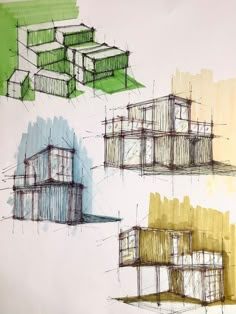 three drawings of different types of buildings