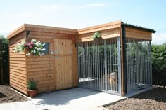 a dog is standing in the gated area next to his kennel and flowers