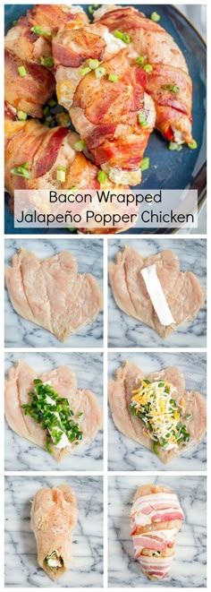 bacon wrapped jalapeno pepper chicken is shown in this collage with the ingredients