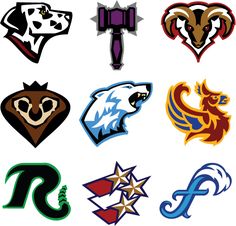 several different colored and black and white emblems on a white background, each with an animal's head in the center