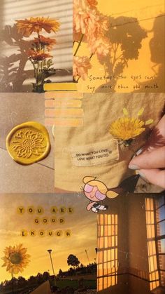 the collage shows flowers, sunflowers, and other things in this photo