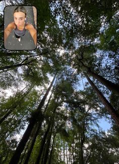 an image of a woman looking up at the sky through tall trees in a forest