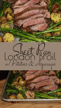 two pans filled with meat, potatoes and asparagus on top of a wooden table