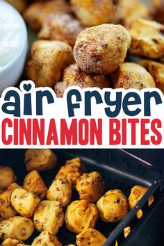 cinnamon bites with the words grain - fryer cinnamon bites in front of them and on the bottom