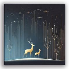 two deer standing on top of a snow covered hill at night with stars in the sky