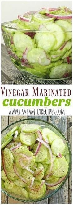 two pictures of sliced cucumbers in a glass bowl with the words, vinegar marinated cucumbers