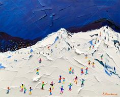 a painting of people skiing on a snowy mountain