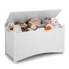 a white toy chest filled with stuffed animals