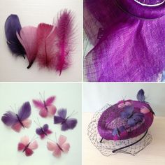 four different hats with purple and pink feathers