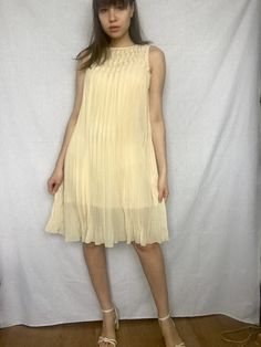 - size S/M - brand: Max C - made in england  - excellent condition Beige Pleated Sleeveless Dress For Summer, Beige Pleated Sleeveless Mini Dress, Beige Sleeveless Pleated Mini Dress, Beige Pleated Mini Dress, Knee-length Beige Lined Mini Dress, Beige Pleated Mini Dress For Party, Summer Beige Pleated Mini Dress, Cream Pleated Mini Dress For Summer, Summer Cream Pleated Mini Dress