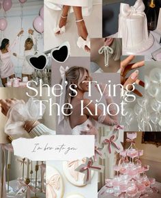 there is a collage of photos with pink and white items in the background, including balloons, hats, dresses, and shoes