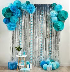 a backdrop with blue and silver decorations