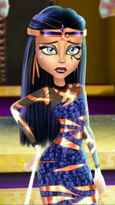 a cartoon character with long hair and blue eyes wearing an orange striped dress, standing in front of a stage