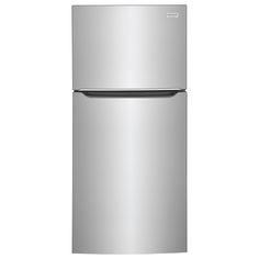 a silver refrigerator freezer sitting on top of a white wall