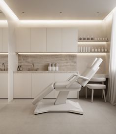 a modern dentist's chair in the middle of a room