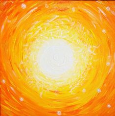 an orange and yellow painting with white dots